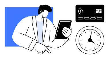 Tableti tutan kişi, ekrana kredi kartı ve saatle bakıyor. Zaman yönetimi, dijital ödeme, teknoloji, iş verimliliği, finans, sadeleştirilmiş süreç görüntüsü için ideal. A