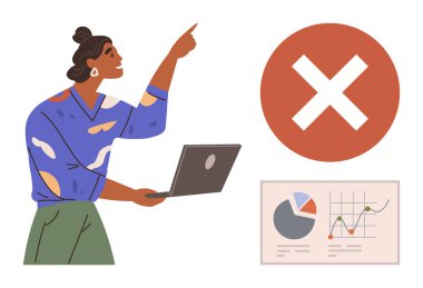 Çizelge ve grafiklerin yanında kırmızı hata sembolünü vurgulayan dizüstü bilgisayarı olan bir kadın. Sorun çözme, veri gözden geçirme, analitik, hata düzeltme, takım çalışması, karar verme, basit düz metafor