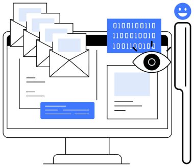 Computer displaying emails, binary code, and an eye symbolizing data privacy concerns. Ideal for email marketing, cybersecurity, technology solutions, online privacy, communication, digital tools clipart svg vector 