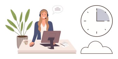 Kulaklık takan gülümseyen kadın, masada bilgisayar, kupa, bitki, saat ve belgelerle konuşuyor. Müşteri hizmetleri, iletişim, uzak çalışma zamanı yönetimi verimlilik desteği için ideal