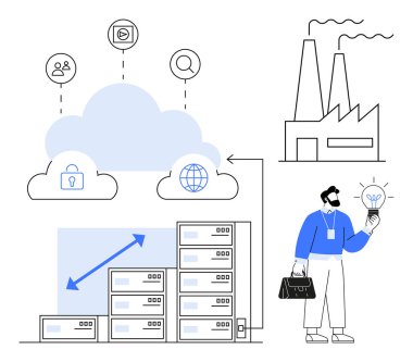 Veri sunucuları, güvenlik ve küresel veri simgeleriyle bağlantılı bulut. Fabrika girişimi sembolize eder, insan fikri yeniliği temsil eder. IT, sektör 4.0, ağ oluşturma ve altyapı için ideal