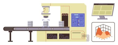 Endüstriyel robot kol taşıma bandındaki kutuları istifliyor ve veri analizi monitörü 3D grafik gösteriyor. Otomasyon, imalat, robotik, endüstri, üretim, lojistik için ideal