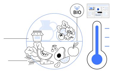Taze meyve, sebze, sürahi, kavanoz, biyolojik sertifika rozeti, termometre göstergesi, beslenme grafikleri. Organik üretim, sürdürülebilirlik, çevre dostu yaşam sertifikası diyeti için ideal