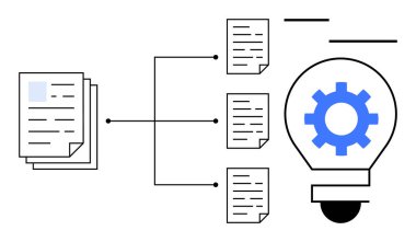 Akış şeması aracılığıyla bir ampulün içindeki dişliye bağlanan belgelerin yığını fikri, otomasyonu, işlem optimizasyonunu, verimliliği, veri analizini, yeniliği ve bilgiyi sembolize ediyor. İdeal