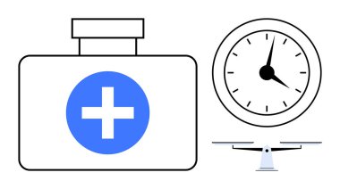 Mavi haçlı sağlık çantası, zamanı gösteren saat ve denge ölçeği sağlık, zaman ve dengeyi simgeliyor. Sağlık, acil durum, sağlık ve zaman yönetimi dengesi için ideal