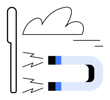 Mıknatıs enerjisini kıvılcımlar ve soyut bulutlarla bir kutba çekiyor. Yenilik, cazibe, pazarlama, enerji, bilim, etki, basit iniş sayfası için ideal