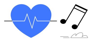 ECG çizgisi ve siyah notalı mavi kalp sağlık, müzik, refah, duygu, kendini ifade etme, ilham ve yaratıcılık arasındaki bağlantıyı sembolize ediyor. Tıbbi farkındalık ve sanat için ideal.