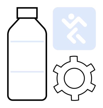 Su şişesi, koşucu simgesi ve vites sembollü minimalist tasarım. Form, sağlık, su, sağlık verimliliği, spor, aktivite tanıtımı ve sade iniş sayfası için ideal