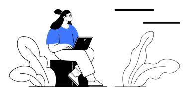 Dizüstü bilgisayarlı, gözlüklü, soyut bitkilerin yanında oturan bir kadın. Uzaktan çalışma, serbest çalışma, eğitim, kendini geliştirme, üretkenlik için ideal doğa sakin odaklanma. Basit düz metafor