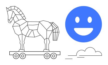 Geometrik Truva atı mavi mutlu duygu ve bulutların yanında. Siber güvenlik, duygu, çevrimiçi etkileşim, yaratıcılık, ikilik, yenilik, basit iniş sayfası için ideal