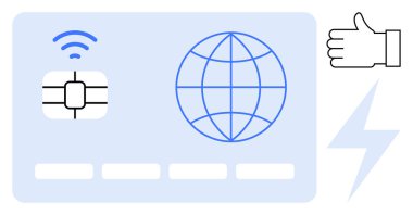 İçinde çip, bağlantı için küre, onay için baş parmak ve hız için yıldırım olan temassız kart. Teknoloji, finans, bağlantı, ödeme, onay yeniliği için ideal