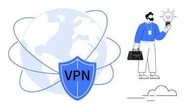 Dünya 'nın etrafında güvenlik döngüleri olan küresel VPN kalkanı. Veri gizliliği ve siber güvenlik için ampul tutan adam. Teknoloji, güvenlik, gizlilik, şifreleme, çevrimiçi, ağ geliştirme için ideal basit