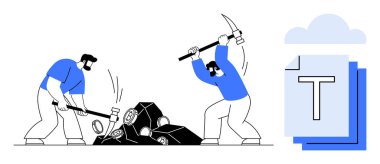 İki adam kazma ve balyozla taş kırıyor, kaynakları söküyor, yığılmış belgelerle bulut oluşturuyor. Veri madenciliği, takım çalışması, kaynak yönetimi, üretkenlik, bulut teknolojisi, dijital