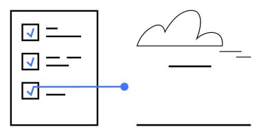 Mavi işaretli kontrol listesi, bulut simgesi ve veri paylaşımını, organizasyonu veya iş akışını öneren basit satırlar. Üretkenlik, işbirliği, bulut depolama, uzaktan çalışma planı için ideal