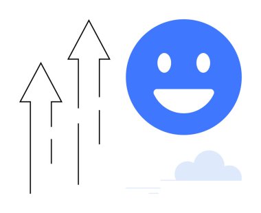 Yukarıya bakan oklar, gülümseyen büyük bir yüzün yanında ve köşedeki yumuşak bulutlar pozitifliği, büyümeyi ve başarıyı vurguluyor. Motivasyon, başarı, mutluluk, iş ilerlemesi, takım çalışması, amaç için ideal