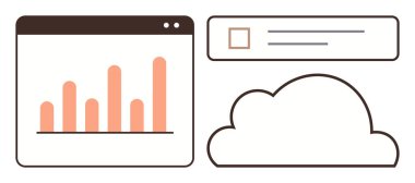 Tarayıcı penceresinde bulut şekli ve kontrol listesi olan çubuk grafik. Üretkenlik, analitik, bulut hesaplama, görev yönetimi, iş akışı, teknoloji çözümleri, iletişim için idealdir. Basit düz metafor