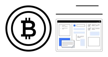 Bitcoin para birimi logosu, formları, mesajları ve kontrol listeleri olan bir bilgisayar ekran düzeninin yanında. Engelleme zinciri, kripto para birimi, finans, veri yönetimi, dijital ekonomi, fintech minimalizm için ideal