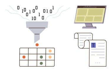 İkili kod, bilgisayar ekranı ve basılı belgelerle birlikte bir bacadan masa ızgarasına akar. Veri yönetimi, analitik, otomasyon, sıralama, kategorize etme, iş akışı için ideal