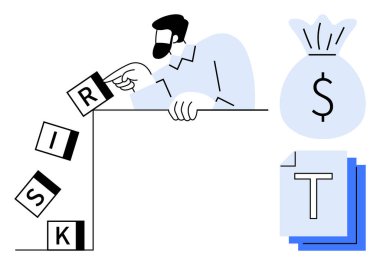 Düşen RISK harflerini kontrol etmek için bir bloğu dikkatlice yerleştiren adam risk yönetimini simgeliyor. İçinde para çantası ve belgeler var. Finansal planlama, yatırım, strateji ve iş için ideal