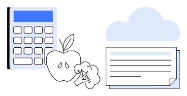 Bulut depolama ve belge sembolüne bağlı elma ve brokoli simgelerinin yanında mavi ekran olan hesap makinesi. Beslenme takibi, sağlık uygulamaları, yemek planlaması, veri yönetimi, bulut