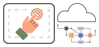 El tıklatma dairesel düğmesi bulut hesaplama ile AI algoritma akış şemasına bağlanıyor. Otomasyon, yenilik, bulut teknolojisi, makine eğitimi, veri işleme, teknolojik etkileşim için ideal