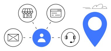 Depo, e-posta, web sitesi ve müşteri desteğine bağlı merkezi kullanıcı mavi bir lokasyon şifresi etrafında. Pazarlama, ağ, müşteri hizmetleri, iletişim, e-ticaret kullanıcı hizmeti için ideal basit bir daire