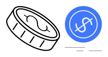 Harekete geçirilmiş dolar işareti ve yanında mavi dolar para birimi sembolü olan stilize bozuk para. Finans, bankacılık, yatırım, ekonomi, zenginlik, ödeme ve muhasebe için ideal. Basit düz metafor