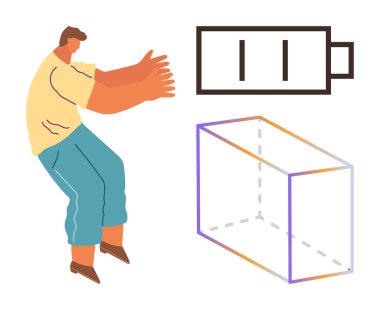 Kollarını uzatan bir adam, düşük şarjlı bir pil ikonu ve şeffaf bir küp ana hatına yaklaşıyor. Enerji, odaklanma, yaratıcılık, problem çözme, minimalizm, soyut düşünme ve teknoloji için idealdir. Basit.