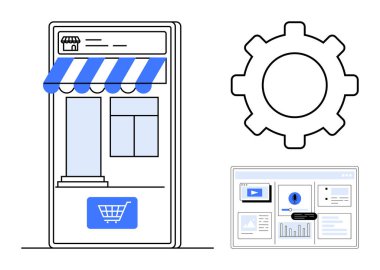 Smartphone mağaza önü, bir at arabası düğmesi, bir ayar takımı ve bir veri paneli. E-ticaret, analitik, çevrimiçi alışveriş, iş araçları, uygulama geliştirme, kişiselleştirme ve dijital için ideal