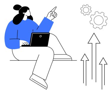 Dizüstü bilgisayarda çalışan bir kadın, dişli ve oklarla yukarıya doğru işaret ederek gelişimi, yeniliği ve büyümeyi simgeliyor. İş, teknoloji, takım çalışması, ilham, yenilik stratejisi için idealdir.