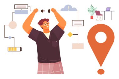 Akış şeması elementlerine, konum belirleyicisine, bataryaya, buluta, masa kurulumuna ve hatalara bağlı kabloları çeken enerjik bir birey. Teknoloji, yenilik, bağlantı çözümleri takım çalışması için ideal