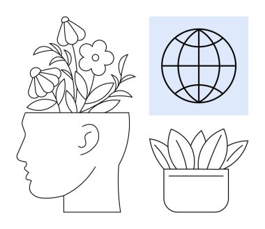 Çiçekler açan insan kafası yaratıcılığı, büyümeyi ve fikirleri temsil ediyor. Doğayı ve sürdürülebilirliği simgeleyen saksı bitkisi. Küresel bağlantıyı tasvir eden dünya. Yaratıcılık ve akıl sağlığı için ideal
