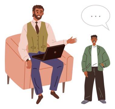 İki birey iletişim kuruyor, biri dizüstü bilgisayarla oturmuş ve işaret ediyor, diğeri ayakta ve dinliyor. Danışmanlık, danışmanlık, eğitim, kariyer rehberliği, ilişki geliştirme, takım çalışması için ideal