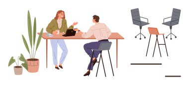 İki meslektaş, bir dizüstü bilgisayar ve kahve ile bir masada sohbet ediyorlar, etrafları bitkiler ve modern ofis sandalyeleriyle çevrili. Takım çalışması, işbirliği, işyeri, işletme, iletişim, danışmanlık için ideal, basit