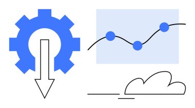 Çark ve aşağı doğru ok vurgu verimliliği, grafik veri eğilimlerini gösteriyor, bulut modern teknolojiyi vurguluyor. Analiz, iş akışı, teknoloji, strateji, yenilik ve süreç optimizasyonu için ideal