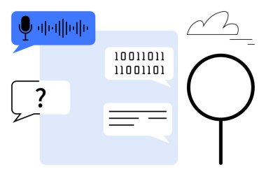 Ses dalgalı mikrofon, konuşma baloncukları, ikili kod, büyüteç ve bulut simgesi. Yapay zeka, ses tanıma, arama teknolojisi, makine öğrenme iletişim kodlaması için ideal