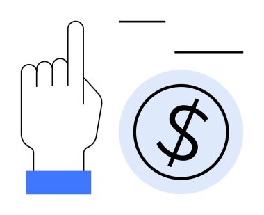 Mavi bir çemberdeki bir dolar simgesinin yanına uzanan el, mali karar verme, ödeme, ticaret, çevrimiçi işlemler, tasarruflar, kazançlar, yatırım, basit düz metaforu sembolize ediyor.