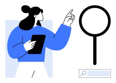 Tablet tutan kadın, arama çubuğunun yakınındaki büyük bir büyüteci işaret ediyor. Arama işlevselliği, veri keşfi, araştırma, teknoloji, yenilik, eğitim, basit iniş sayfası için ideal