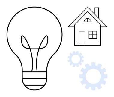 Ampul, ev ve dişliler enerjiyi, ev yeniliklerini, problem çözmeyi ve büyümeyi sembolize eder. Yaratıcılık, teknoloji, gayrimenkul enerji verimliliği mühendislik sürdürülebilirliği için ideal basit
