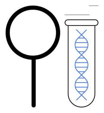 Test tüpü içinde DNA ipliğini vurgulayan büyüteç, genetik araştırma, bilim, analiz, yenilik, sağlık, biyoteknoloji, eğitim ve keşfi temsil ediyor. Basit bir daire.