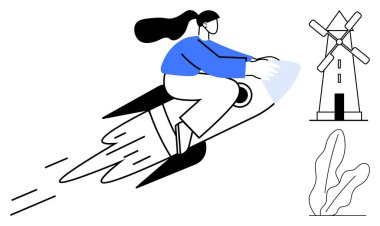 Yüksek hızda roket süren bir kadın, yenilik ve hırsı simgeliyor. Yel değirmeni ve bitkiler sürdürülebilirlik ve ekolojik bilinç gelişimi temaları ekler. Teknoloji, büyüme ve ekolojik farkındalık için ideal