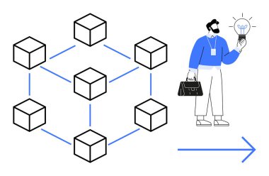 Çantalı ve ampullü şahıs. Küplerle bağlantılı, zincire bağlı. Yenilik, teknoloji, engelleme zinciri, ağ oluşturma, yaratıcılık, problem çözme, girişimcilik için idealdir. Basit.