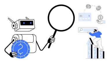 Robot elinde büyüteç ve para tutarken insanlar da arama çubuğu grafiklerini, para birimini ve verileri inceliyor. Teknoloji, yapay zeka, finans, araştırma, analitik otomasyon stratejisi için ideal. Basit düz