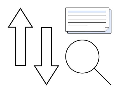 Bir belgenin yanında yukarı aşağı oklar ve araştırma, veri alışverişi ve analiz için büyüteç. Veri transferi, arama, araştırma, analitik, organizasyon ve basit kararlar için ideal