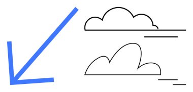 Mavi aşağıya doğru hareket çizgileri olan iki minimalist bulutun yanında. Düz bir metafor olarak hava, çevre, hava yolculuğu, ilerleme, yön, hareket ve basitlik için idealdir