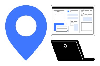 Mavi lokasyon şifresi, görev planıyla ağ arayüzü ve navigasyonu, teknolojiyi ve uzaktan çalışmayı temsil eden siyah dizüstü bilgisayar. Üretkenlik, organizasyon, planlama, dijital araçlar iletişimi için ideal