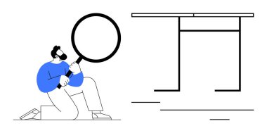 Büyük bir büyüteçle diz çöküp masa yapısını analiz eden bir adam. Araştırma, analiz, inceleme, keşif, keşif, merak ve araştırma için ideal. Basit düz metafor