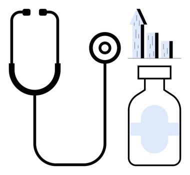 Steteskop, ilaç şişesi ve yükselen çubuk grafiği sağlık, tıbbi büyüme, yenilik ve analizi sembolize ediyor. Sağlık hizmetleri, tıbbi başarılar, ilerleme analizleri için ideal