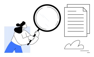 Elinde büyüteç tutan kadın istiflenmiş belgeleri inceleyerek araştırmayı, analizi ya da detaylara dikkat etmeyi sembolize ediyor. Analiz, eğitim, keşif, inceleme, öğrenim için idealdir.