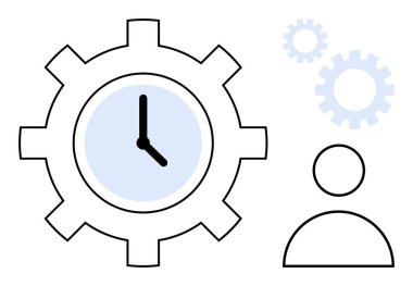 İçerideki saat soyut kişi ve daha küçük vitesler verimliliği, zaman optimizasyonunu ve takım çalışmasını sembolize ediyor. Zamanlama, verimlilik, planlama, iş akışı, hedef belirleme ve strateji için ideal